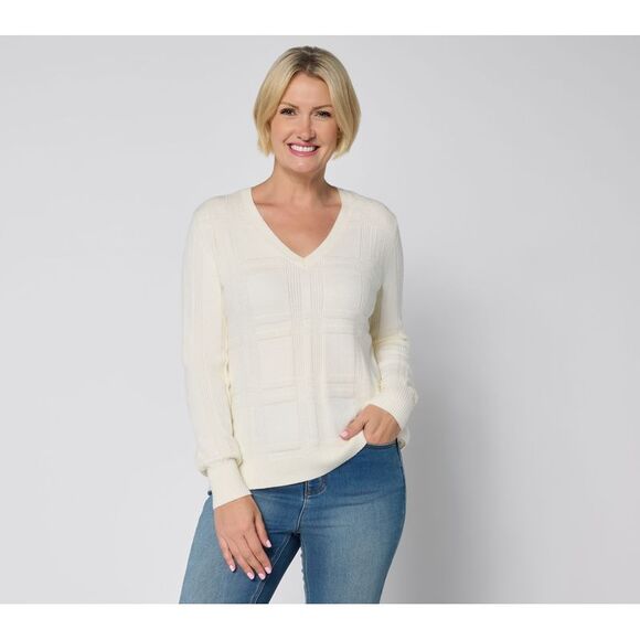 Isaac Mizrahi Live! Sweaters - Isaac Mizrahi Live! Women's Top Sweater Sz L Plaid Rib V-Neck White A681741